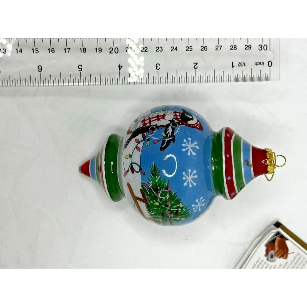 Pier 1 Le Bien Glass Ornament Reverse hand Painted Penguin Tree 2017 Teardrop